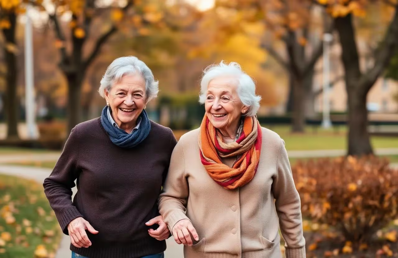 Zwei glückliche Seniorinnen lachen gemeinsam im Park