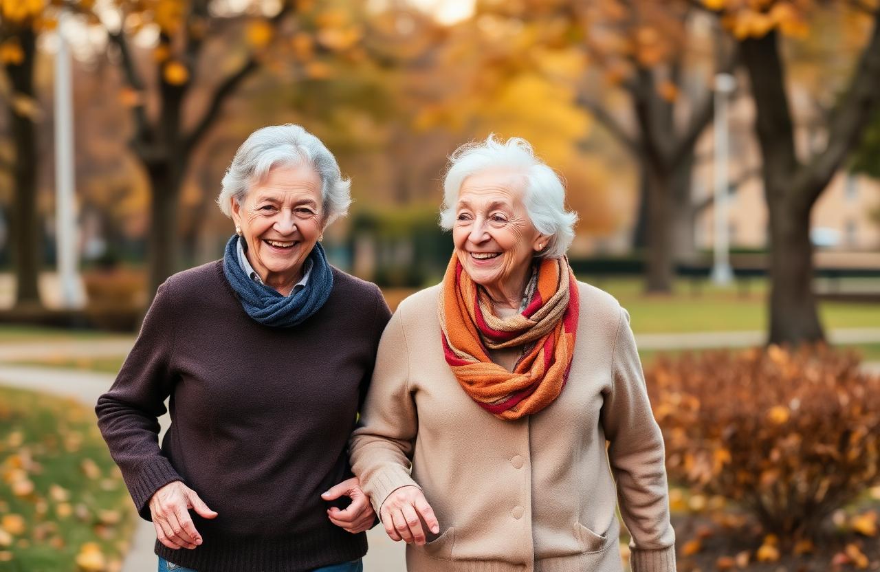 Zwei glückliche Seniorinnen lachen gemeinsam im Park